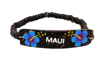 Hawaiian Jewelry Handmade Hibiscus Dark Blue Flower Maui Elastic Coconut Bead Bracelet from Maui, Hawaii