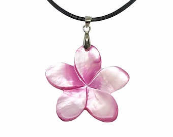 Hawaiian Jewelry Handmade Pink Shell Plumeria Flower Necklace from Maui, Hawaii