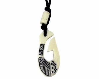 Hawaiian Jewelry Tribal Buffalo Bone Makau Fish Hook Hawaii Necklace From Maui Hawaii