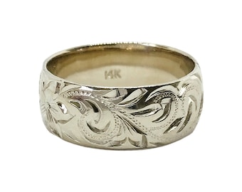 Hawaiian Heirloom Jewelry 14k White Gold 8mm Custom Hand Carved Ring from Maui, Hawaii