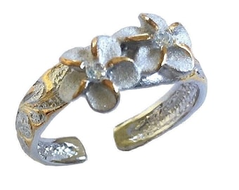 Hawaiian Jewelry Sterling Silver with 14k Yellow Gold Finish CZ Two Plumeria Flowers Toe Ring from Maui, Hawaii