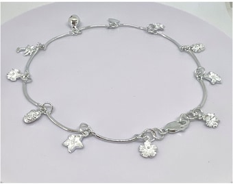 Hawaiian Jewelry Sterling Silver Hawaii Flowers, Palm Tree, Whale Tail, Link Charm Anklet from Maui, Hawaii