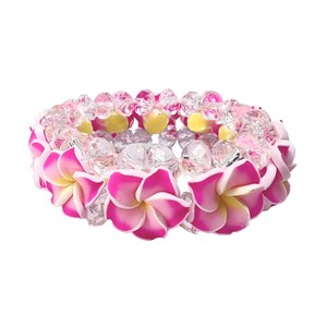 Hawaiian Jewelry Hot Pink Fimo Plumeria Flower and Crystal Bead Elastic Bracelet from Maui, Hawaii