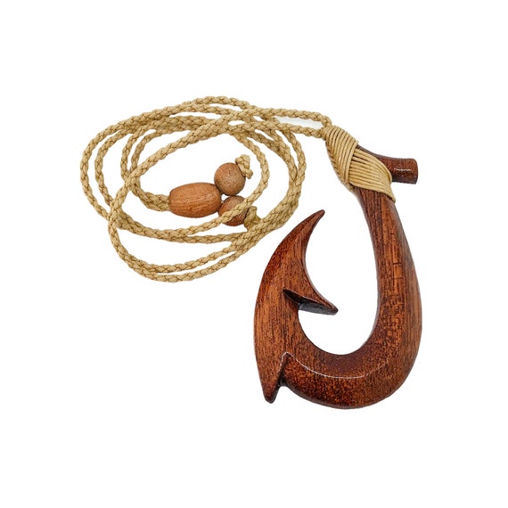 Hawaiian Jewelry Handmade LARGE Koa Wood Fish Hook Necklace From