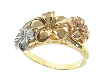 Hawaiian Heirloom Jewelry White, Pink, and Yellow 14k Gold Plumeria Flower Ring from Maui, Hawaii