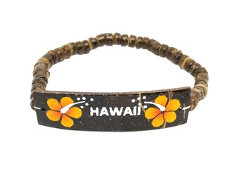 Hawaiian Jewelry Handmade Orange Hibiscus Flower HAWAII Elastic Coconut Bead Bracelet from Maui, Hawaii