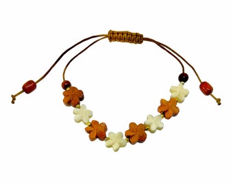 Hawaiian Jewelry  Koa Wood and Bone Plumeria Flower Bracelet or Anklet from Maui, Hawaii