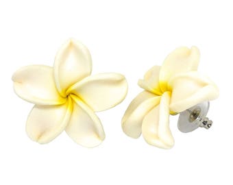 Hawaiian Jewelry Handmade Poly Clay Fimo White Plumeria Flower Stud Pierce Earrings From Maui Hawaii