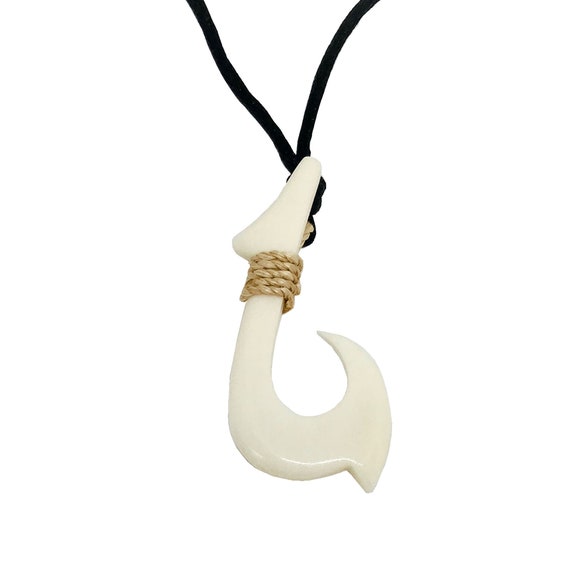 Hawaiian Fishhook Necklace Carved From Buffalo Horn 2" Tall.with Adjustable cord 