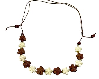 Hawaiian Jewelry Koa Wood and Bone Plumeria Flower Necklace from Maui, Hawaii