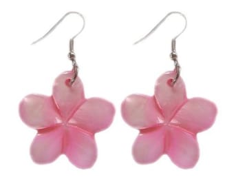 Hawaiian Jewelry Handmade Hand Carved Pink Plumeria Flower Shell Hawaii Earrings From Maui Hawaii