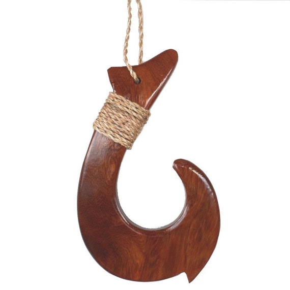 Extra Large Hawaiian Koa Wood Fish Hook 5 Hand Carved and Tied on Maui  Hawaii