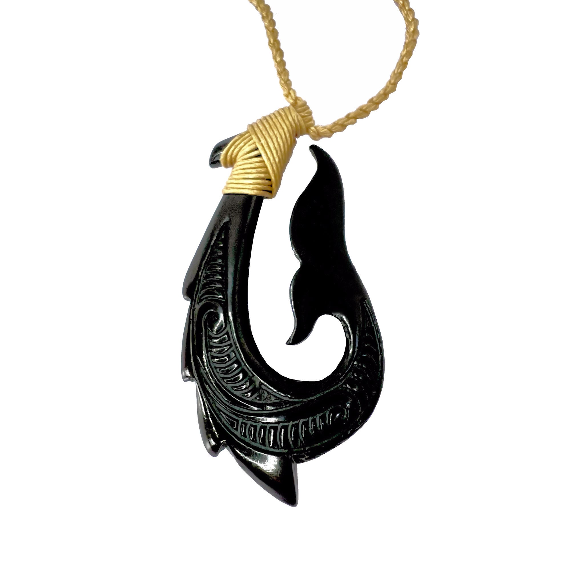 Hawaiian Jewelry Makau Black Bone Fish Hook Whale's Tail Pendant Necklace  From Maui Hawaii