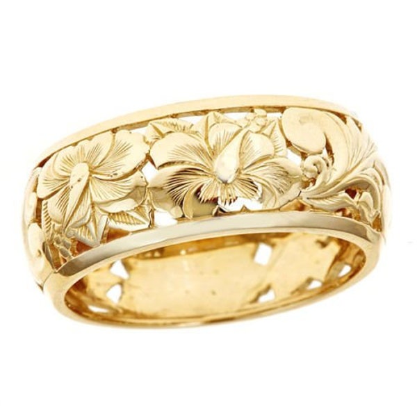 Hawaiian Heirloom Jewelry 14k Yellow Gold 8mm Cut Out Hibiscus Dome Ring from Maui, Hawaii