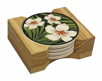 Hawaiian Ceramic Coaster Set Hawaii Plumeria Flower and Palms from Maui, Hawaii