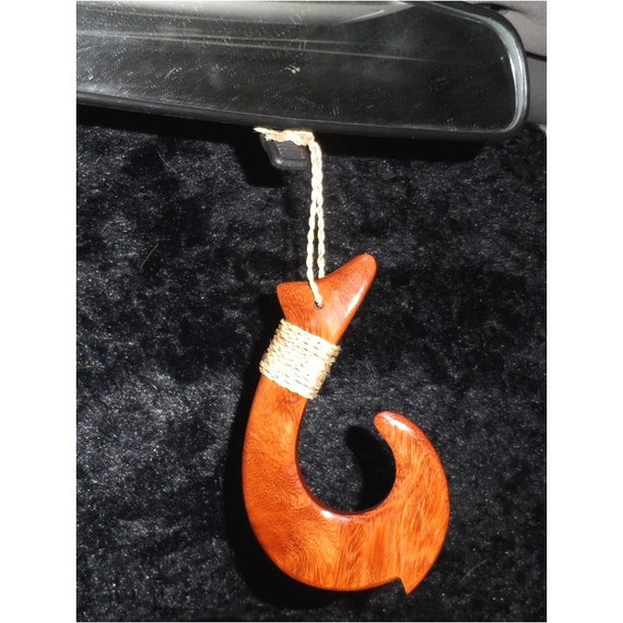 Extra Large Hawaiian Koa Wood Fish Hook 5 Hand Carved and Tied on