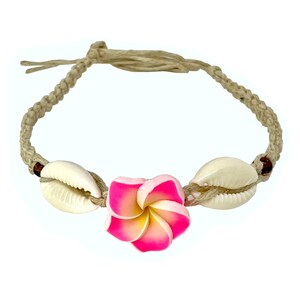 Hawaiian Hemp Handmade Single Pink Plumeria Flower Braided Shell Bracelet or Anklet from Maui, Hawaii