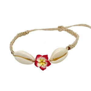 Hawaiian Hemp Handmade Red Plumeria Flower Cowrie Shell Bracelet / Anklet from Maui, Hawaii