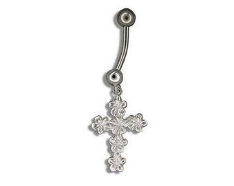 Hawaiian Jewelry Dangling Plumeria Flower Cross Flower Silver Belly Navel Ring from Maui, Hawaii