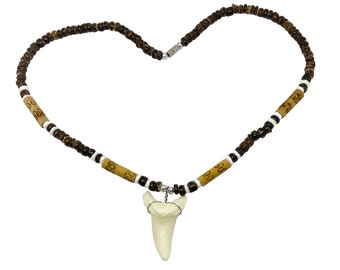 Hawaiian Jewelry Coconut Bead Resin Shark Tooth Tribal Necklace From Maui Hawaii