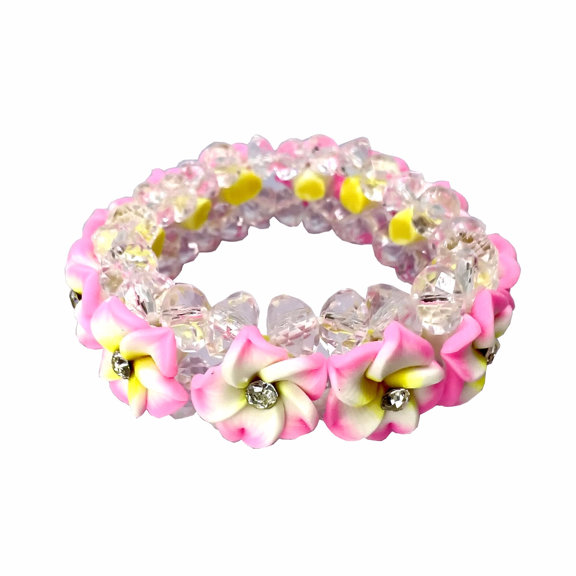 Hawaii Pink & White Fimo Plumeria Flower Elastic Bracelet with Inlaid CZ  Stones from Maui, Hawaii