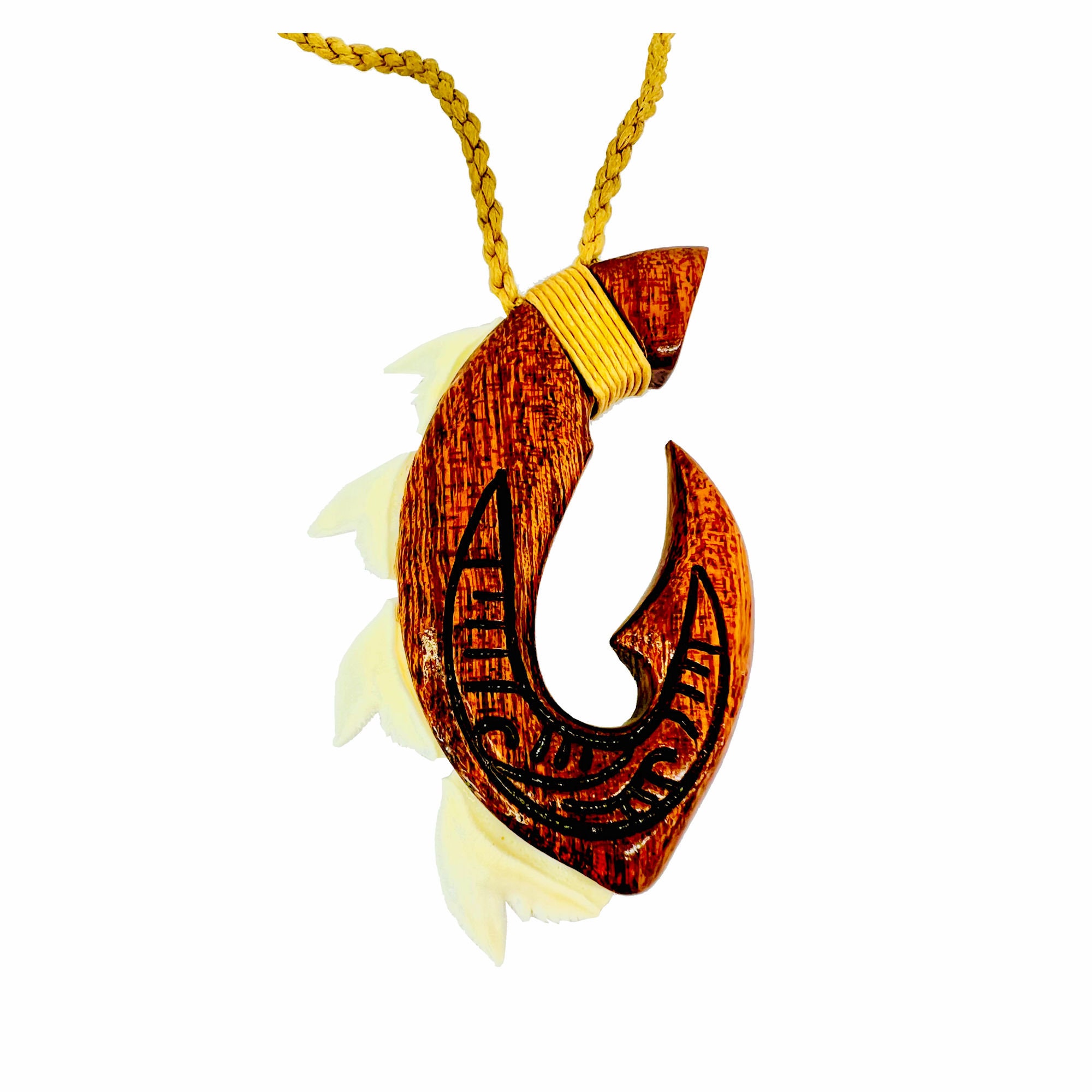 Hawaiian Jewelry Handmade Hawaii Koa Wood Shark Tooth Fish Hook Necklace  Pendant From Maui Hawaii