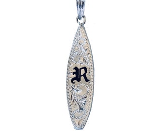 Hawaiian Heirloom Jewelry Sterling Silver Surfboard Pendant with your Initial