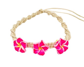 Hawaiian Hemp Handmade 3 Pink Plumeria Flowers Twist Braid Bracelet / Anklet from Maui, Hawaii