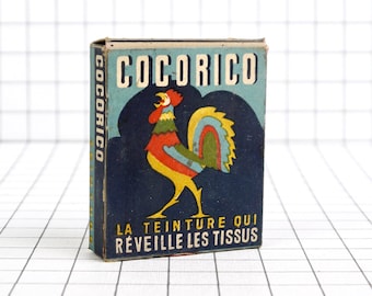 Fabric dye in cardboard box, Cocorico pink fabric dye powder, vintage illustrated box, French antique dye powder box, workshop decoration