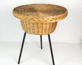 Rattan knitting or sewing basket, rattan basket on metallic legs, round rattan basket for sewing knitting supplies, wool ball basket