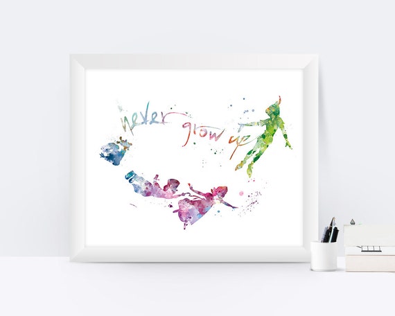 Never Grow Up Quote Art Peter Pan Watercolor Painting Print Wedding Gift Nursery