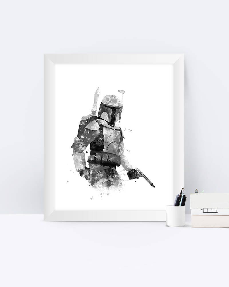 Jango Fett Art Print Watercolor Black And White Star Wars | Etsy