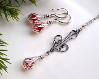 Ready to ship - Silver jewelry set "Essence of Christmas" necklace earrings red silver plated