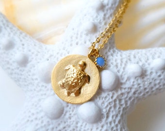 Necklace gold plated "Turtle Lagoon" light blue turquoise matt