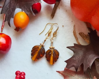 Ready to ship - earrings gold plated "autumn leaves" brown gold