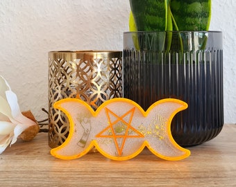 Ready to ship: Resin Schale Tablett " Triple Moon " orange weiß gold pearl UV fluorescent glow in the dark