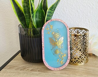 Ready to ship: Resin Schale Tablett " Schmetterlingspuder " gold pastell rosa hellblau türkis