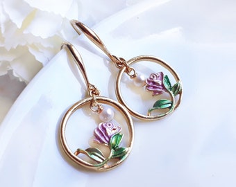 Gold-plated earrings "Oh you min Rose min" pink pink green