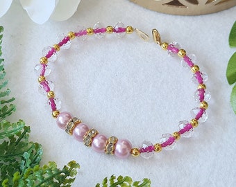 Ready to ship - Pearl bracelet "Rosegarden Romance" pink clear gold fuchsia rose gold plated