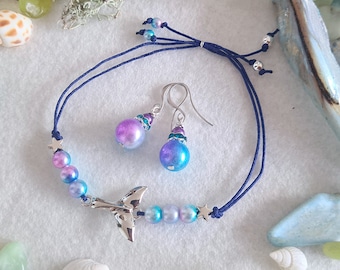 Ready to ship - Set of bracelet earrings "Mermaid from the Deep Sea" dark blue blue turquoise purple violet