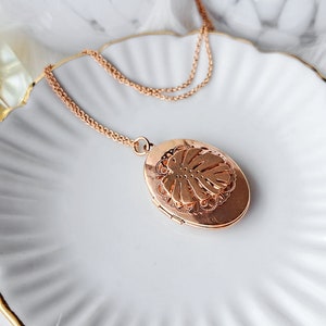 Ready to ship - Locket necklace rose gold plated &quot;Leaf a Memory&quot; photo locket for 1-2 photos oval with monstera leaf
