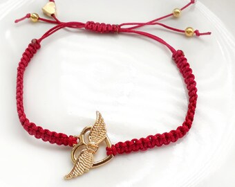 Ready to ship - Makramee Armband vergoldet "Love Wings" gold dunkelrot kirschrot