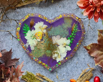 Pronto per la spedizione: Vassoio ciotola in resina "Flower Heart" viola viola bianco verde oro