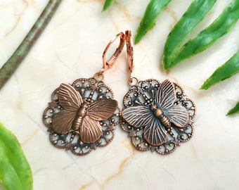 Earrings copper "Butterfly Windows" vintage Art Nouveau