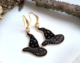 Ready to ship - earrings gold plated "Wizard in Training" black crystal crystal clear CZ