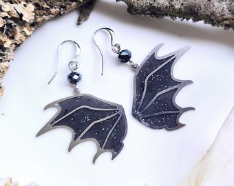 Ready to ship - Earrings silver "Bat Wings" black glitter glitter