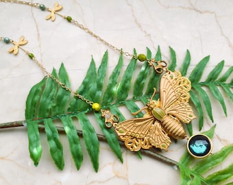 Prêt à expédier - Collier déclaration or « Forest Moth » vert émeraude vert foncé vert sapin vintage Art Nouveau