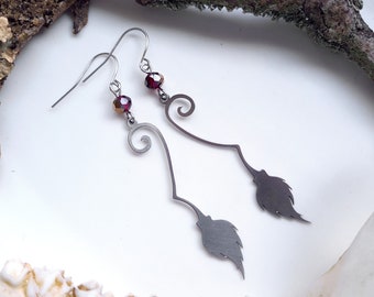 Ready to ship - earrings silver "witch's broom" red dark red