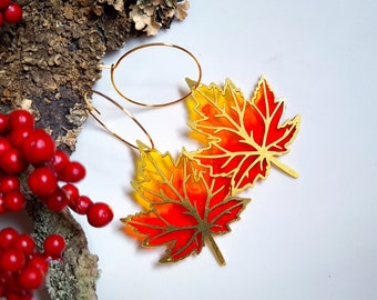 Boucles d'oreilles plaqué or "feuilles d'érable" rouge orange jaune