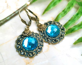 Ready to ship - Earrings bronze "Ocean Venus" turquoise blue vintage Art Nouveau